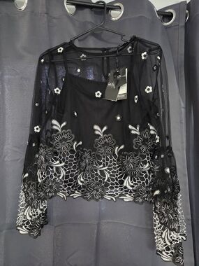Embellished Black Floral Mesh Top Brand La Reina
